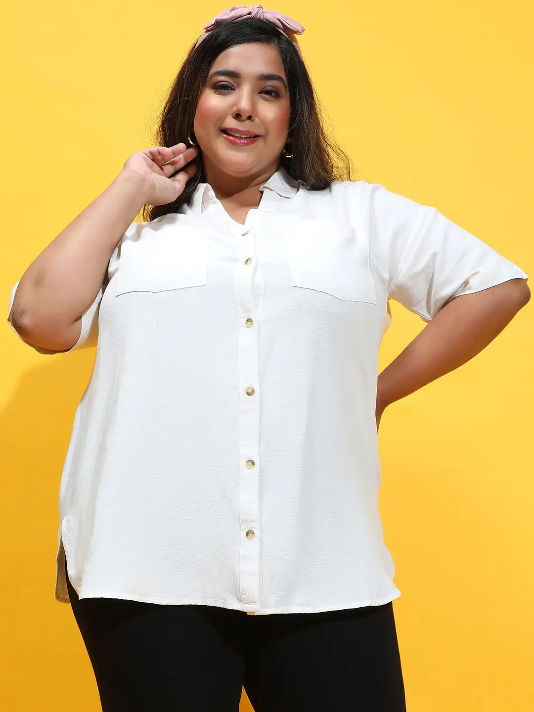 Expressive White Collared Button-Down Plus Size Shirt