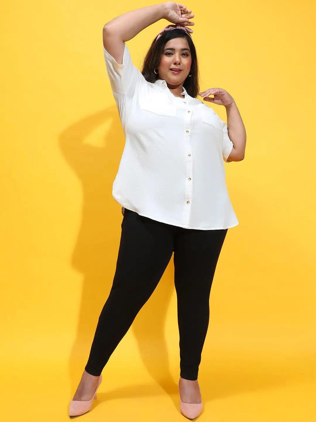 Expressive White Collared Button-Down Plus Size Shirt