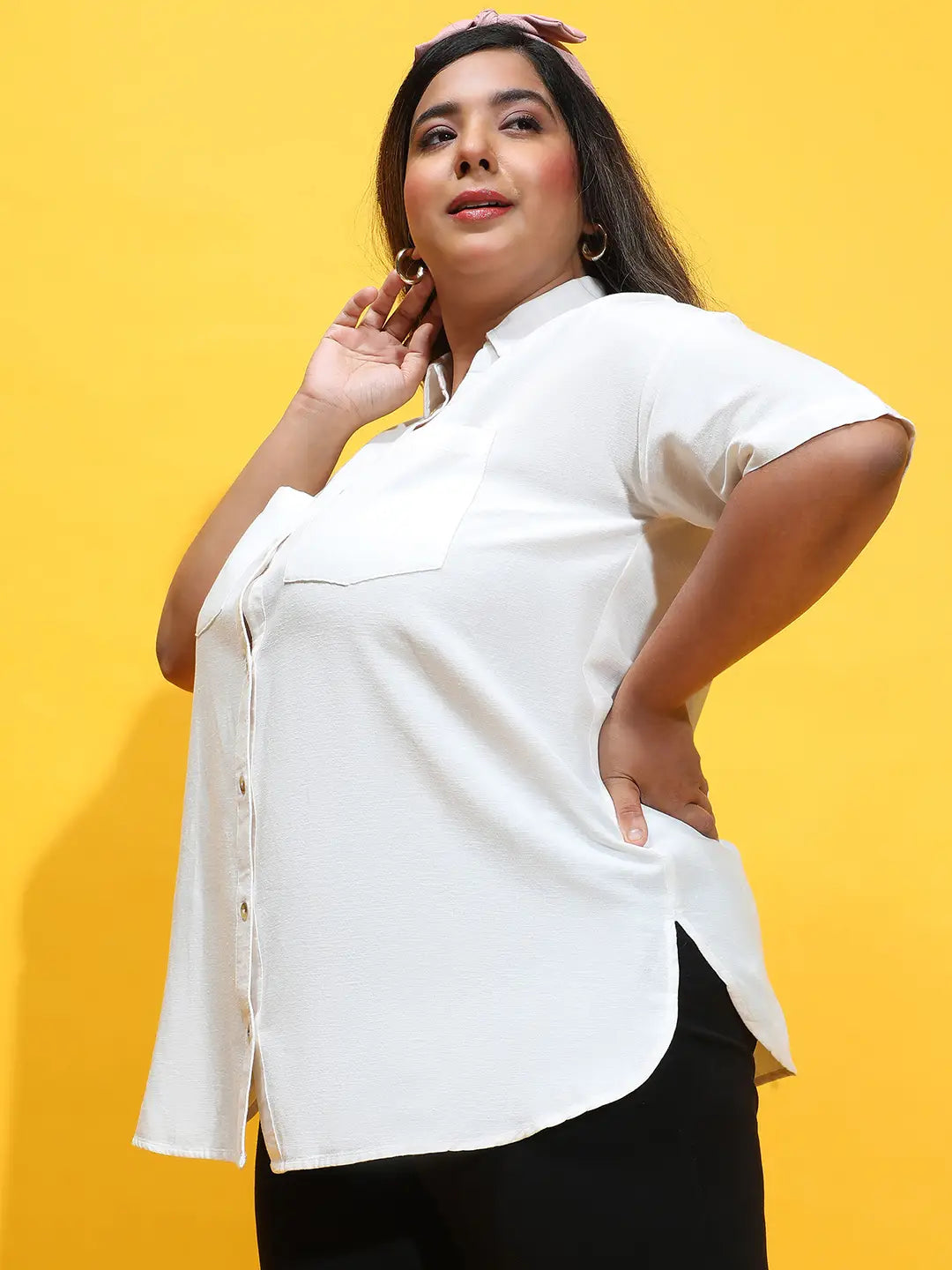 Expressive White Collared Button-Down Plus Size Shirt