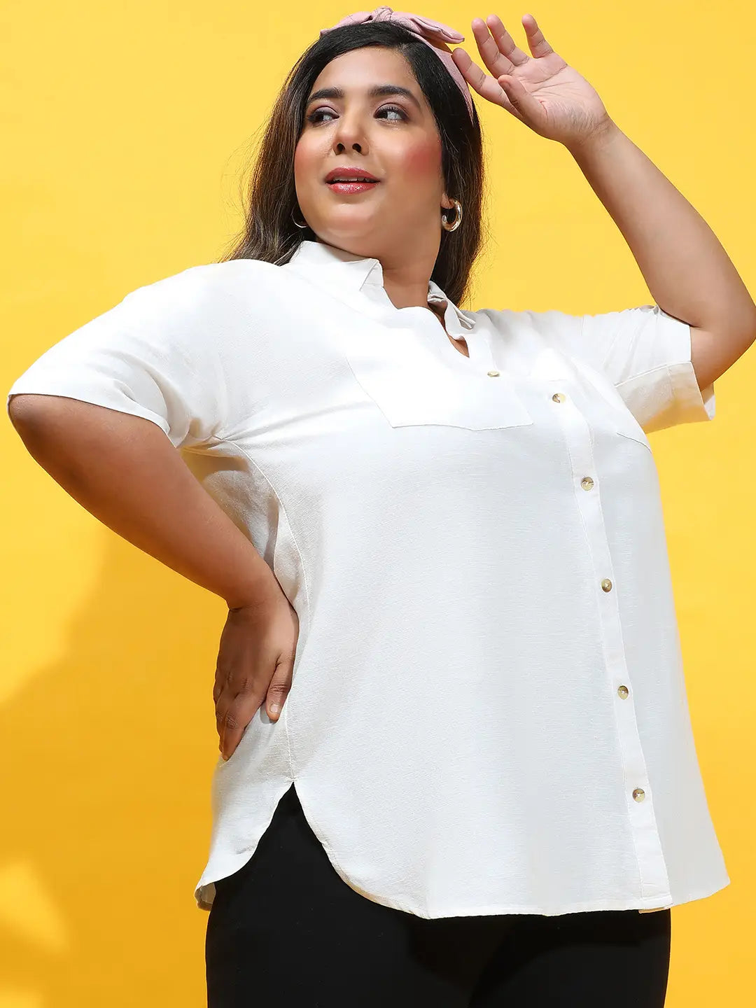 Expressive White Collared Button-Down Plus Size Shirt