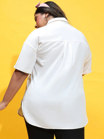 Expressive White Collared Button-Down Plus Size Shirt