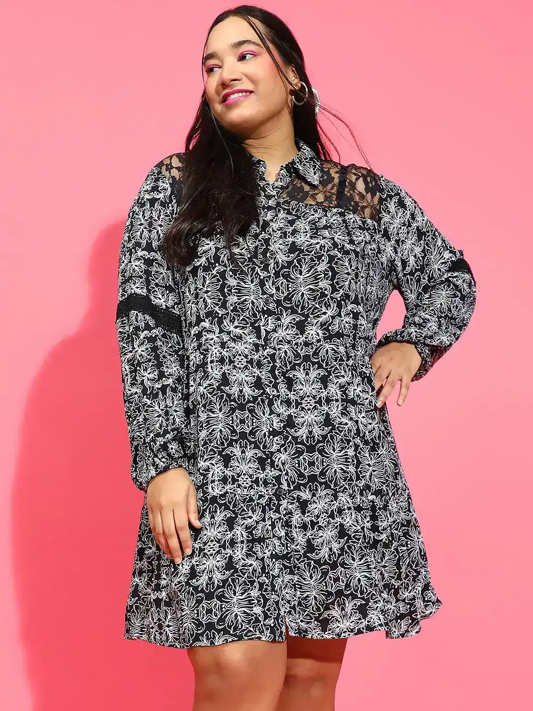 Basic Black Floral Print Lace Detailed Button-Down Dress