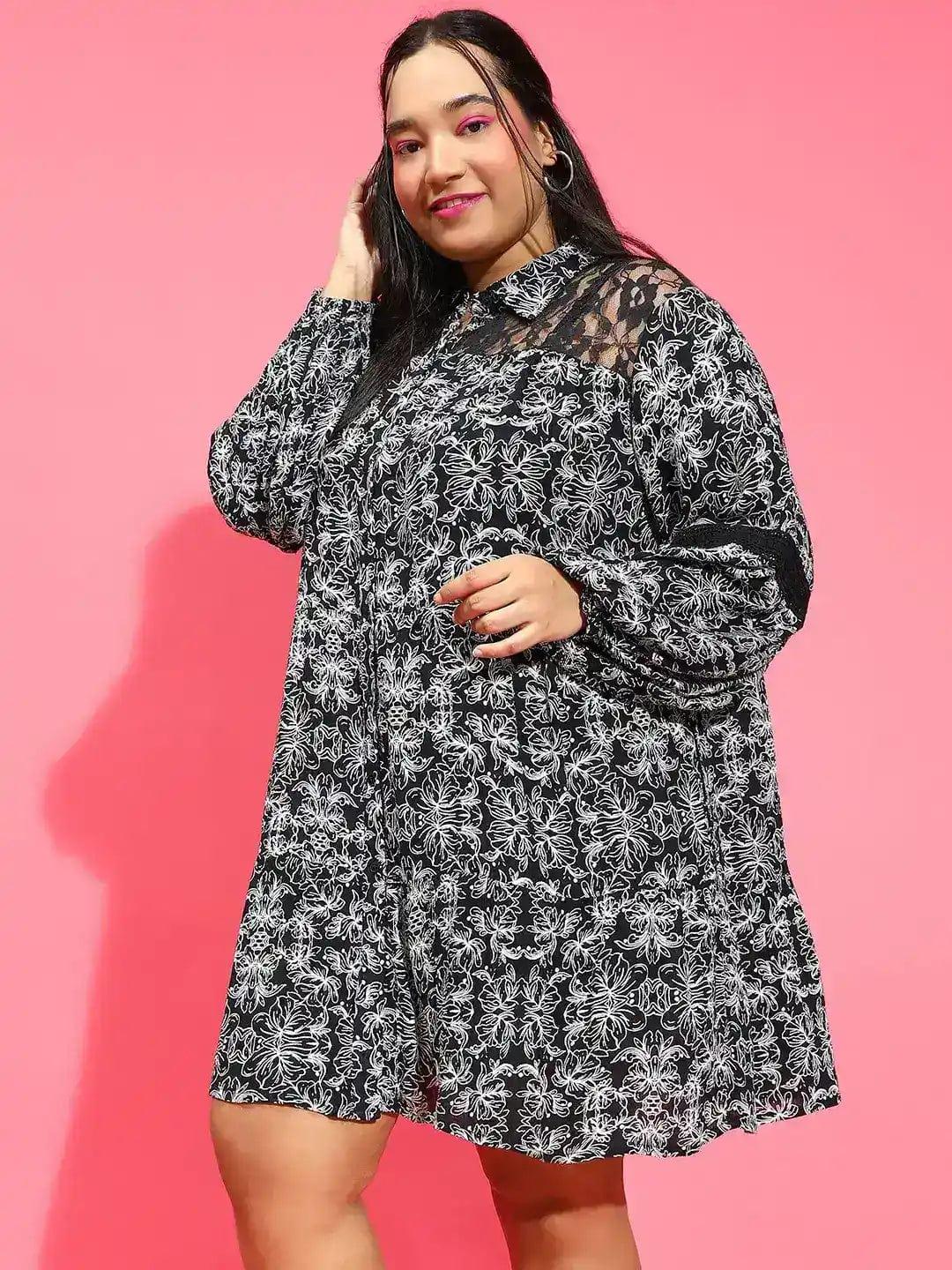 Basic Black Floral Print Lace Detailed Button-Down Plus Size Curvy Dress