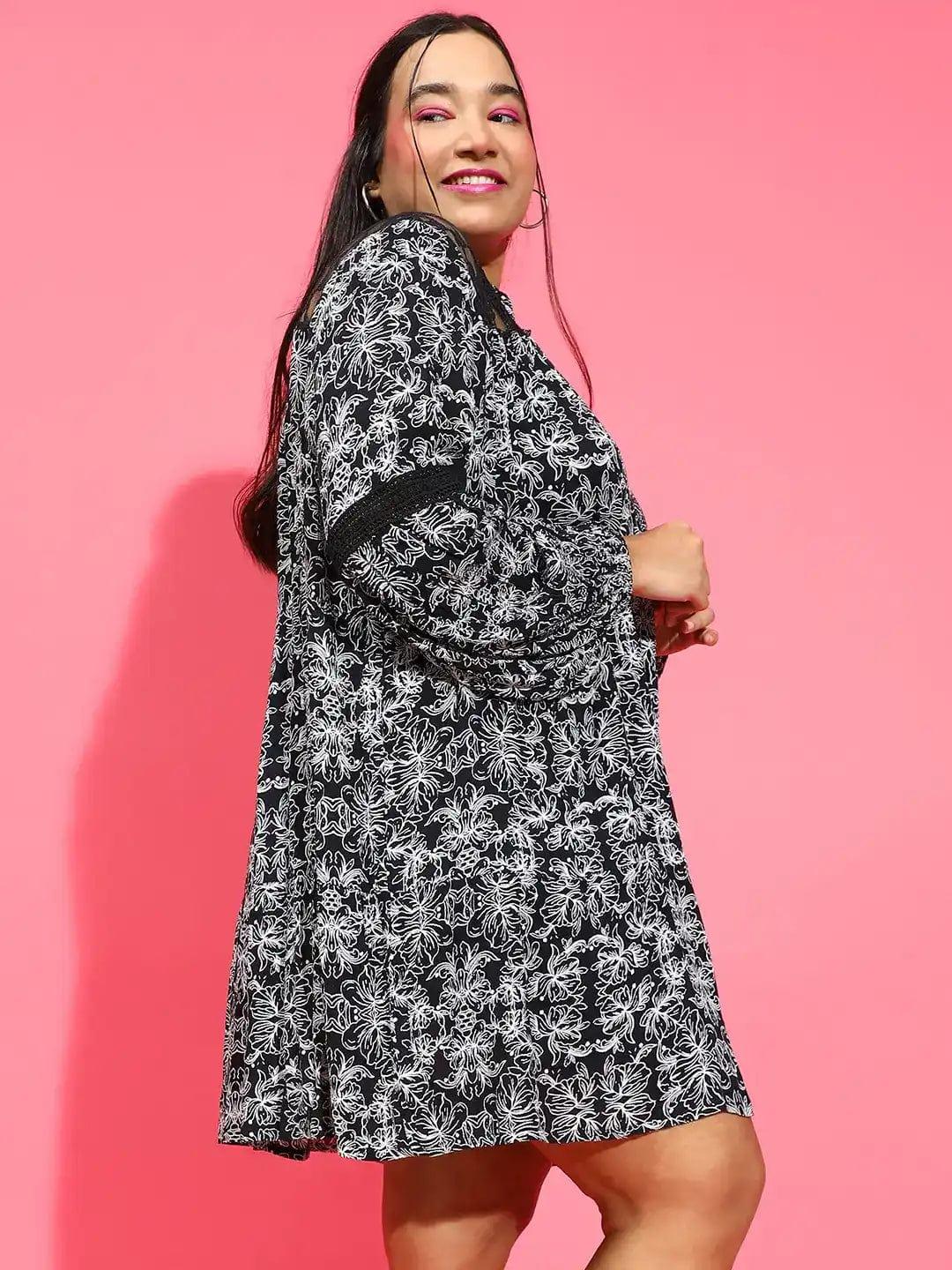 Basic Black Floral Print Lace Detailed Button-Down Plus Size Curvy Dress