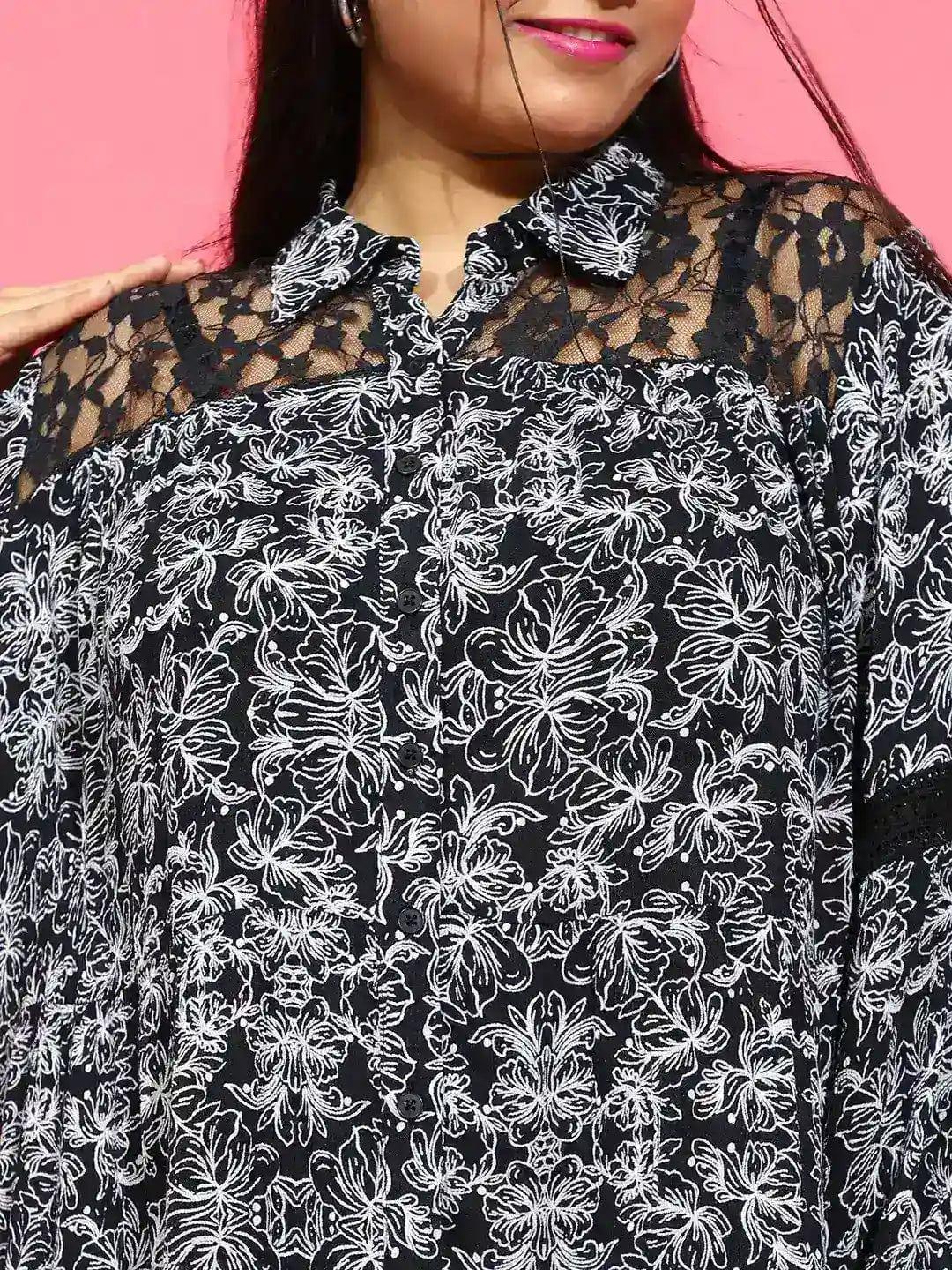 Basic Black Floral Print Lace Detailed Button-Down Plus Size Curvy Dress