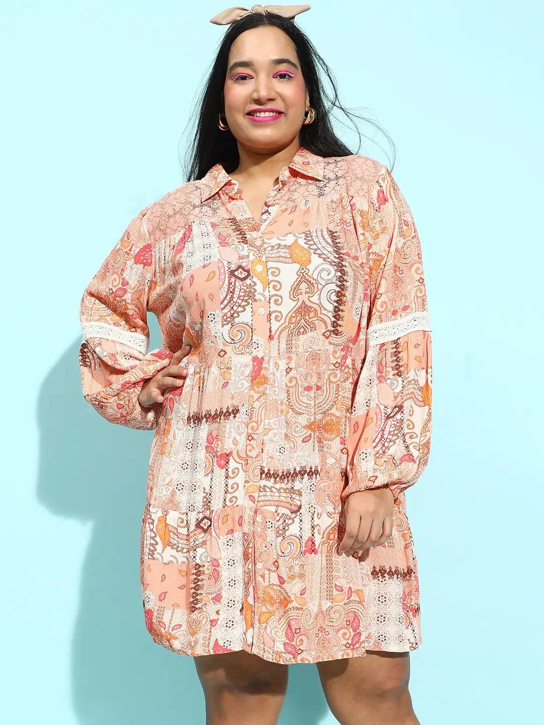 Multicolor Floral Lace Detailed Plus Size Curvy Shirt Dress