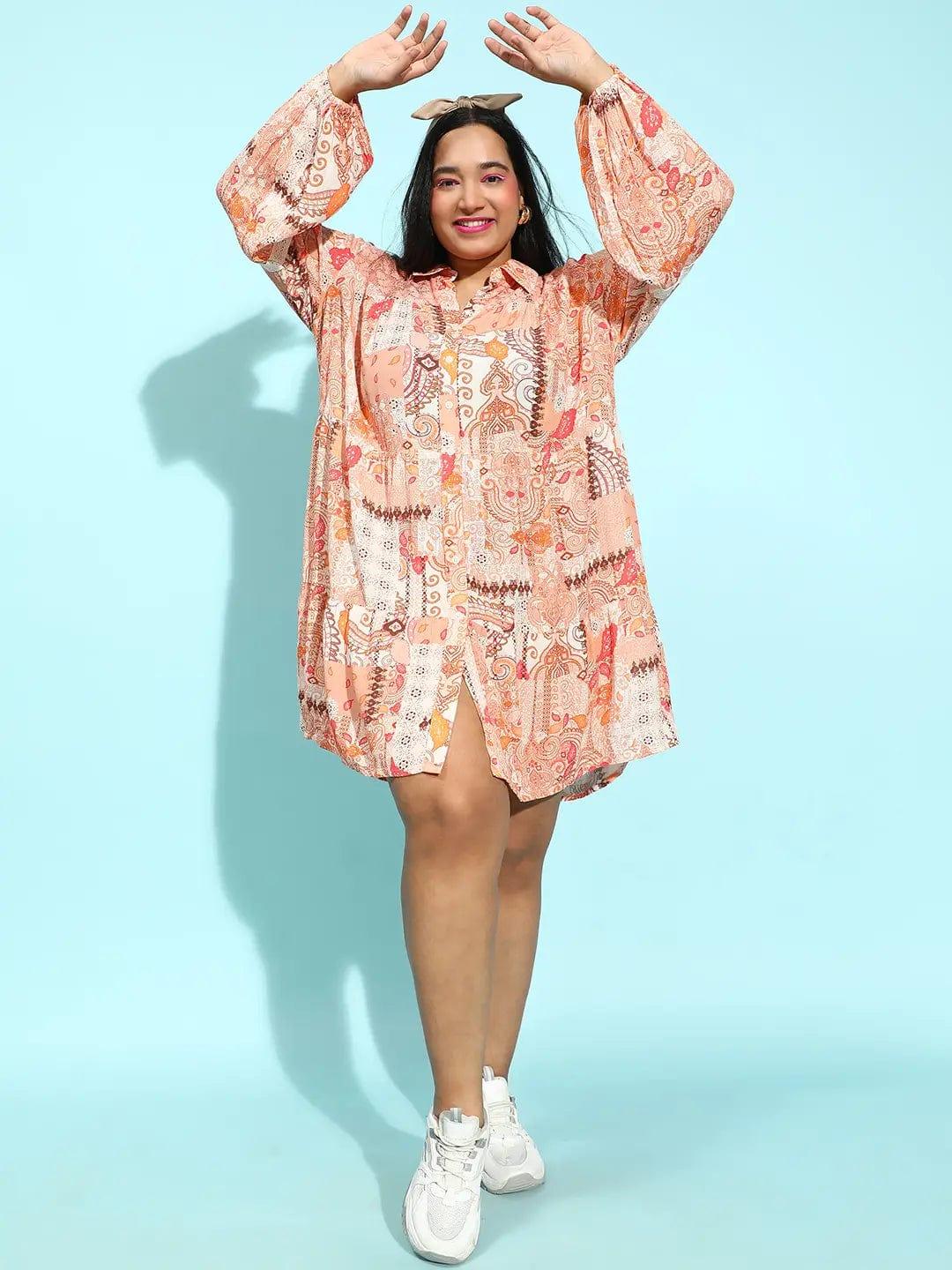 Multicolor Floral Lace Detailed Plus Size Curvy Shirt Dress