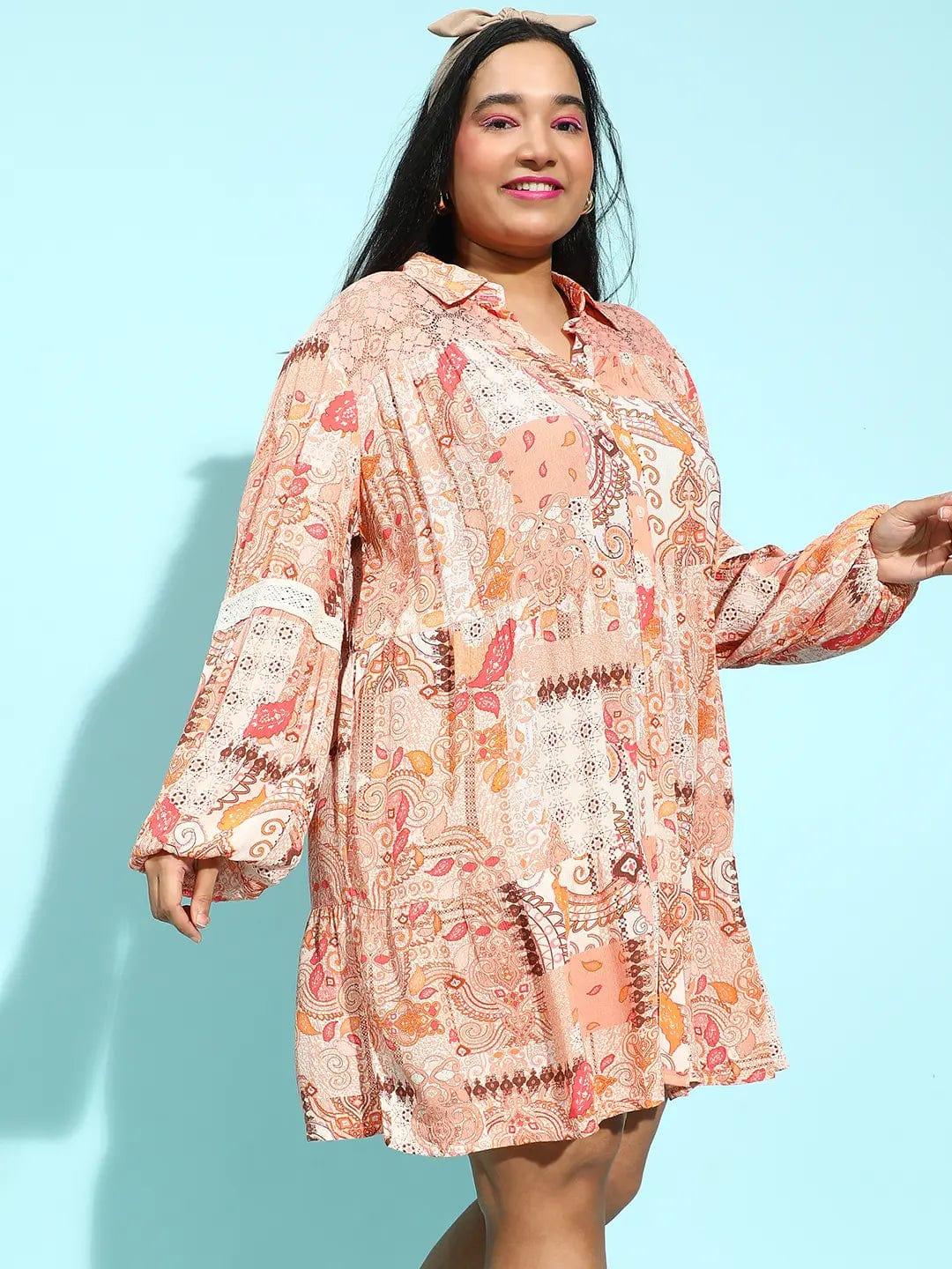 Multicolor Floral Lace Detailed Plus Size Curvy Shirt Dress