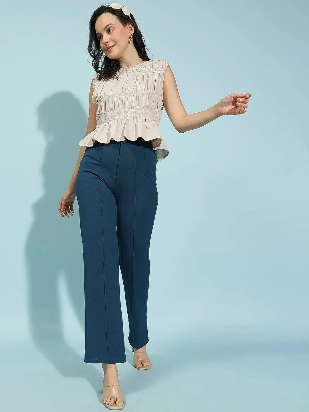 Whizle Beige Gather Pleated Sleeveless Women Cotton Top - oxolloxo