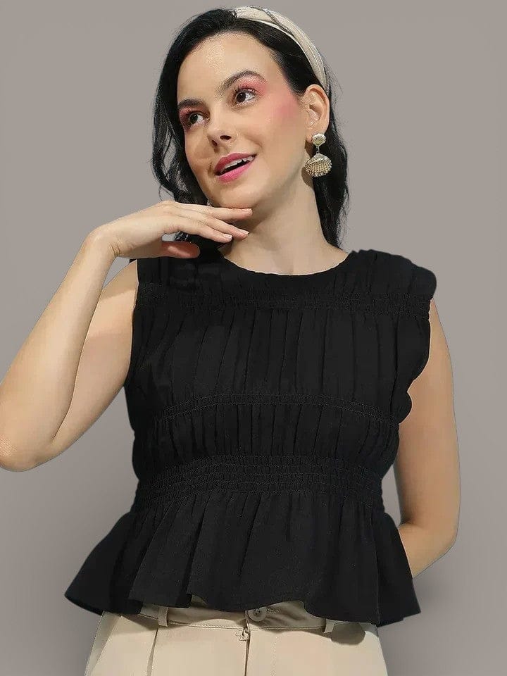 Black Sleeveless Women Top - Cotton Pleated Crop Top With Smocked Round Neck