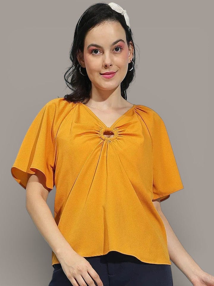 Yellow Women's Top - Bright Short Sleeve Hoop Detail Lightweight Polyester Shirt