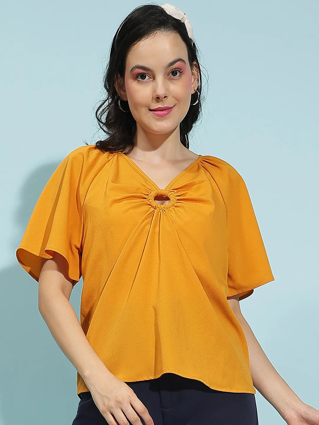 Bright Yellow Short Sleeve Hoop Detail Women’s Top