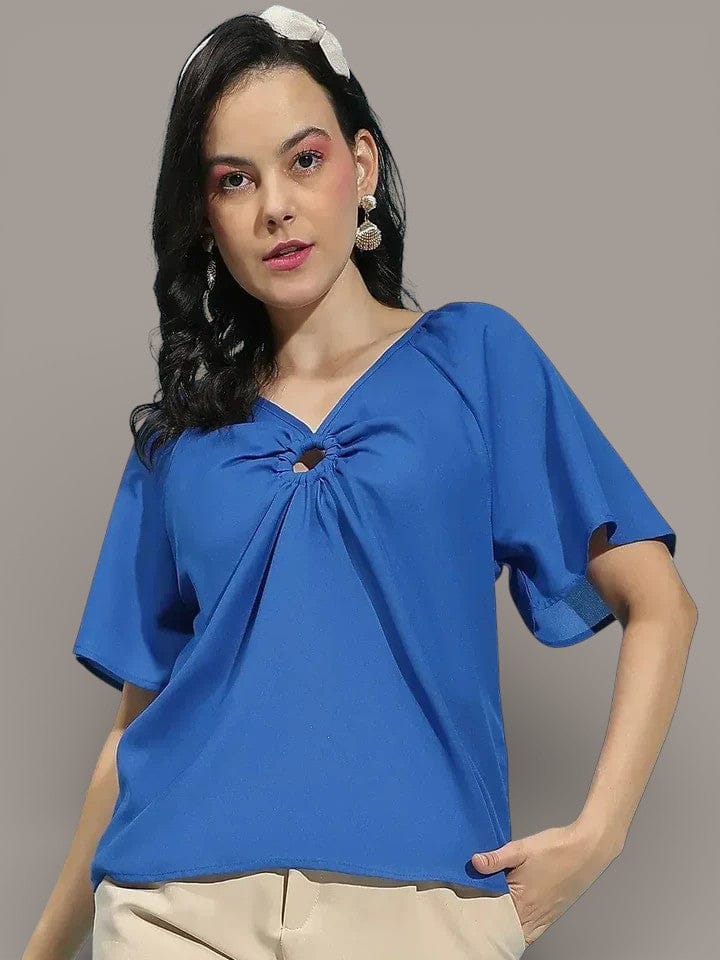 Blue Hoop Detail Top - Women's Casual Crop Top With Short Sleeves & Soft Drape