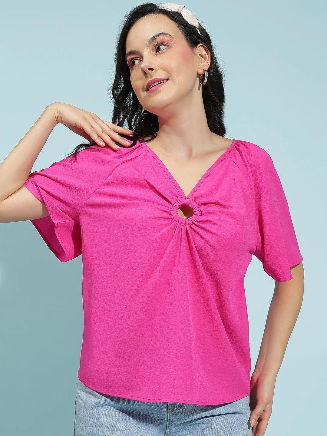 Pink Short Sleeve Hoop Detail Women’s Top for Comfort