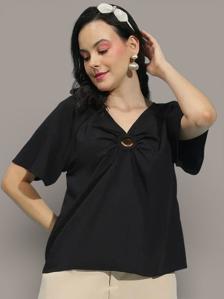 Black Women's Top - Short Sleeve Hoop Detail Casual Polyester Blouse
