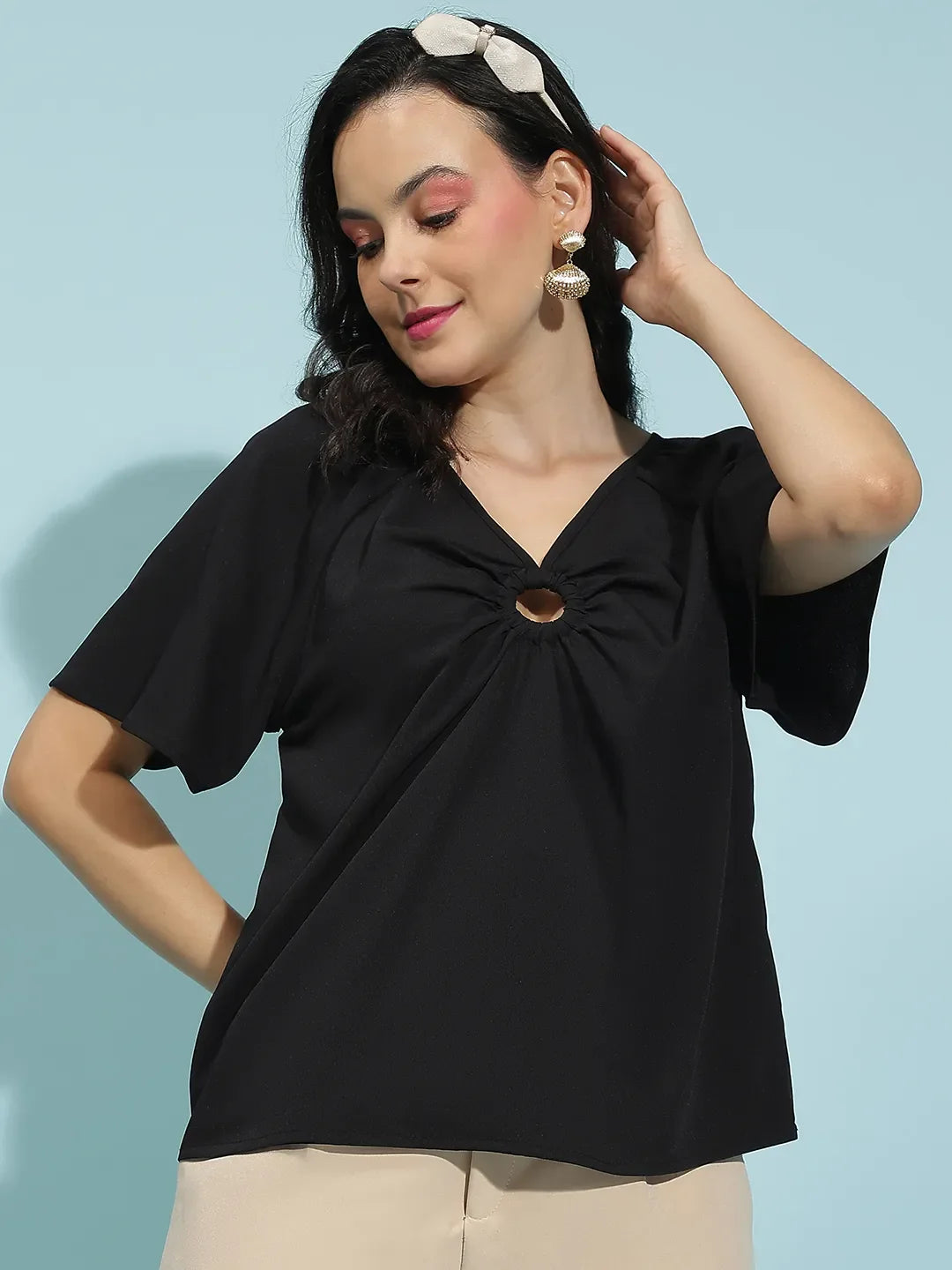 Sable Black Short Sleeve Hoop Detail Women’s Top