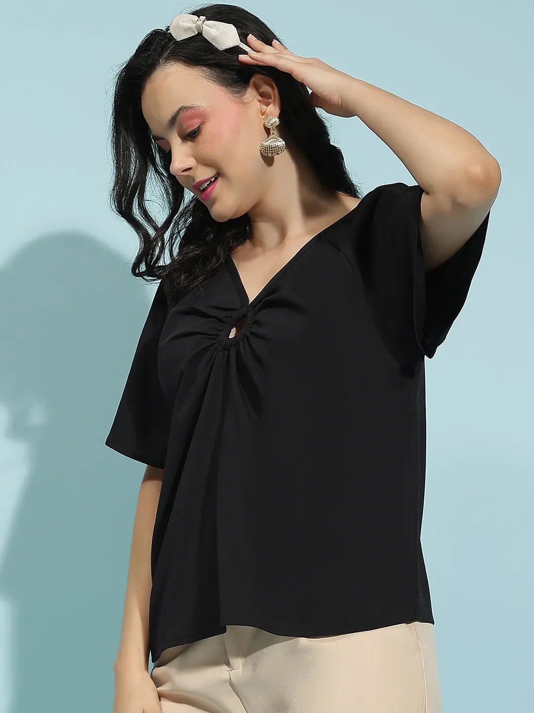 Sable Black Short Sleeve Hoop Detail Women’s Top