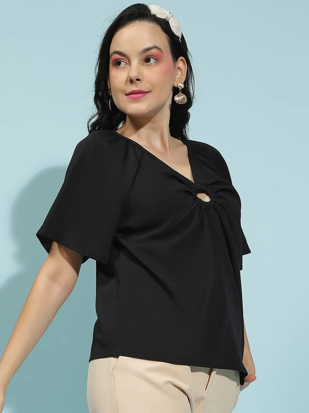 Sable Black Short Sleeve Hoop Detail Women’s Top