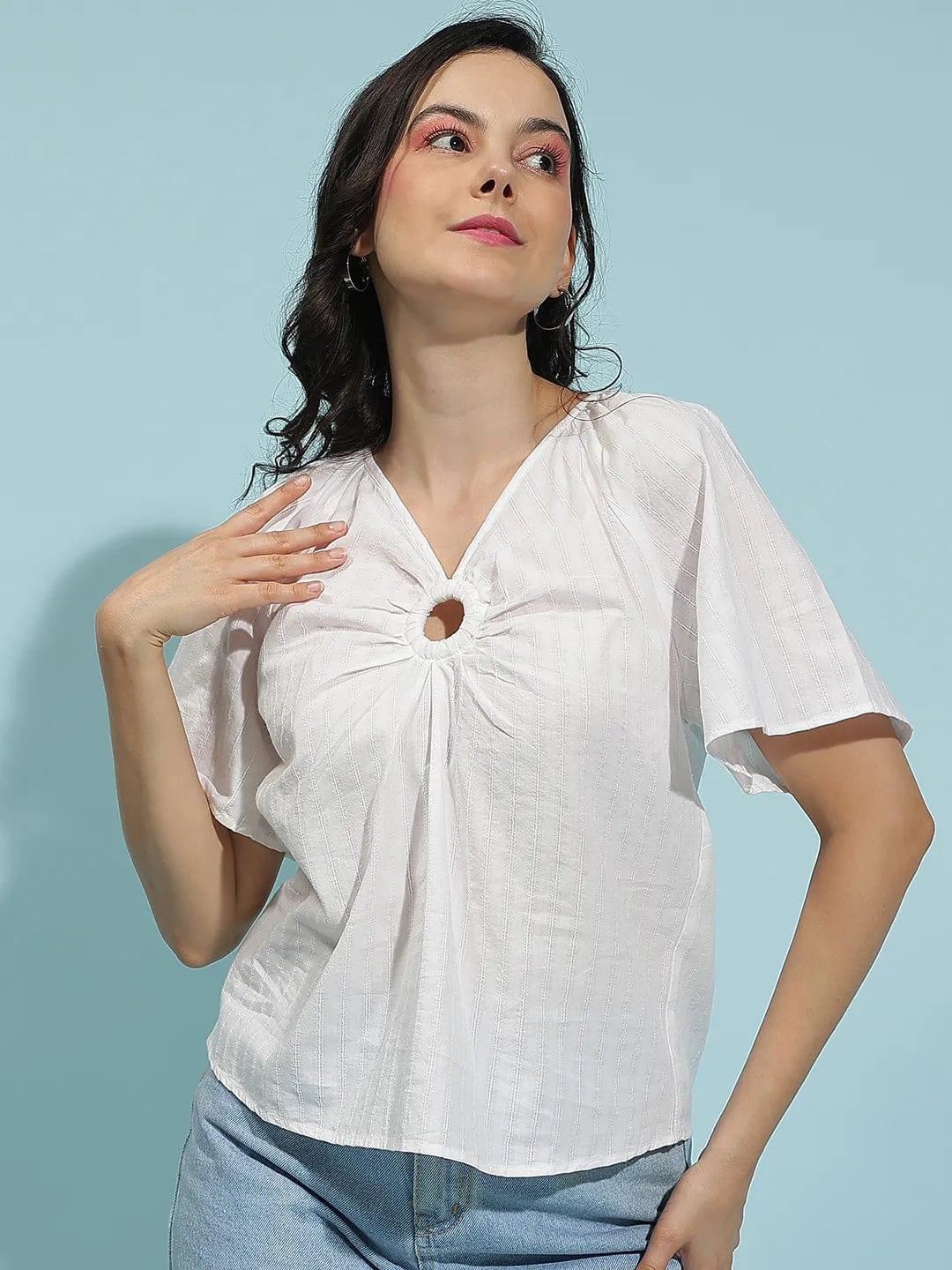 Winkle White Short Sleeve Hoop Detail Women’s Top