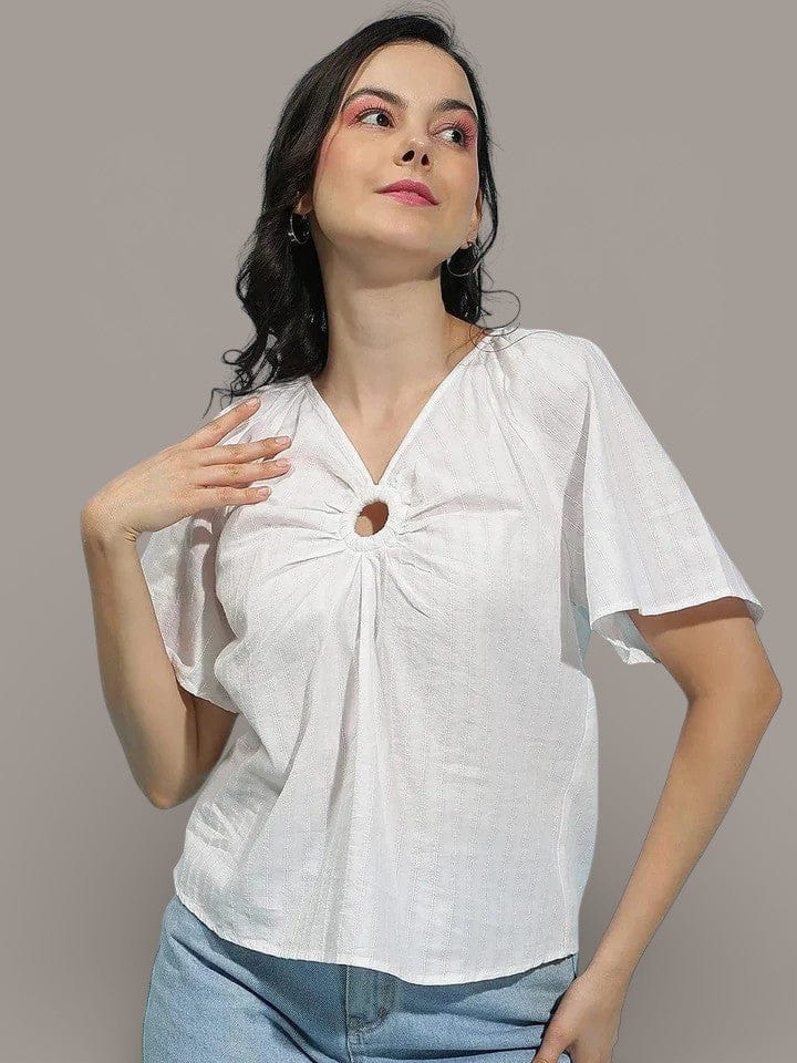 White Women's Top - Short Sleeve Hoop Detail Casual Cotton Crop Blouse