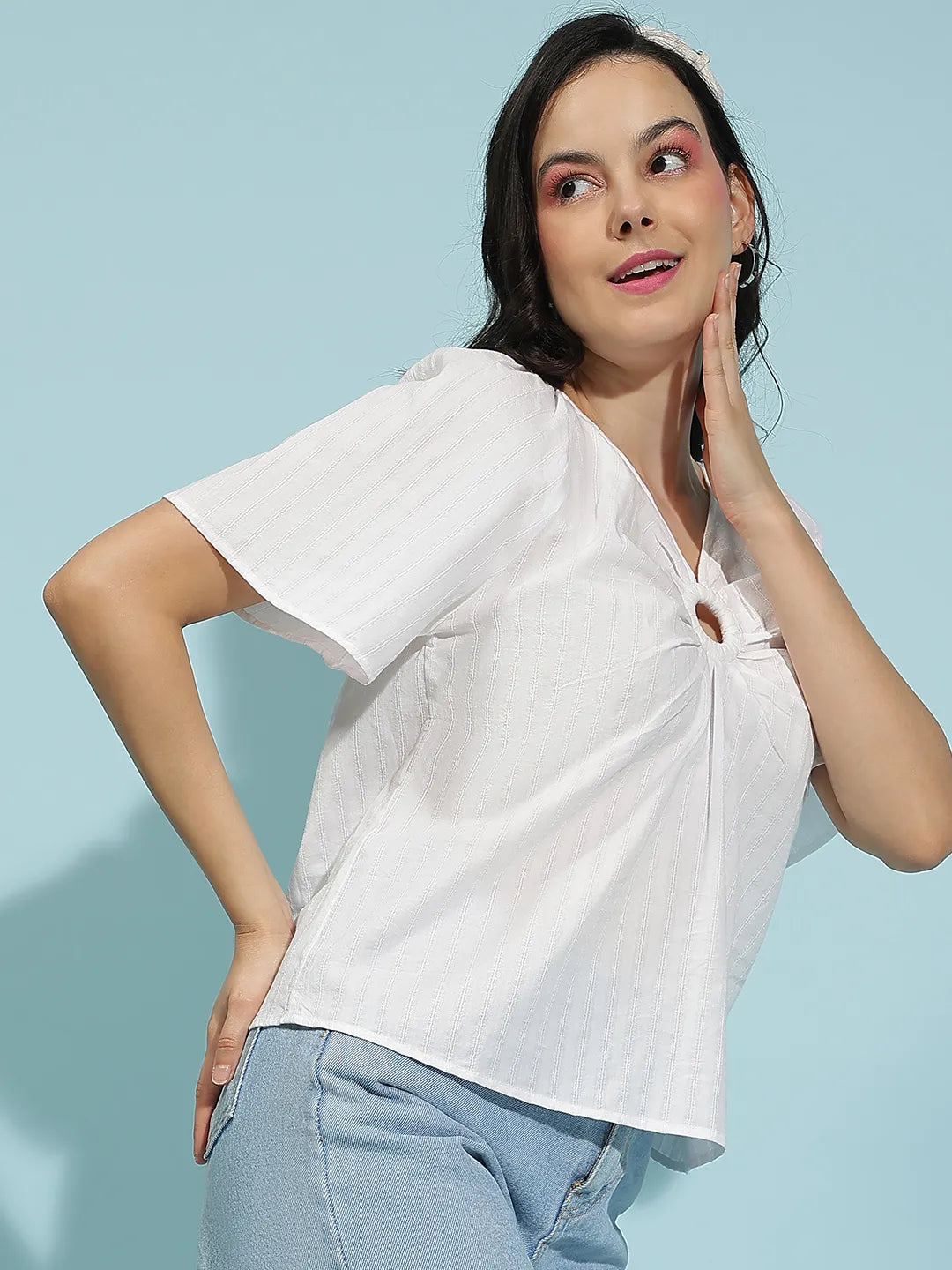 Winkle White Short Sleeve Hoop Detail Women’s Top