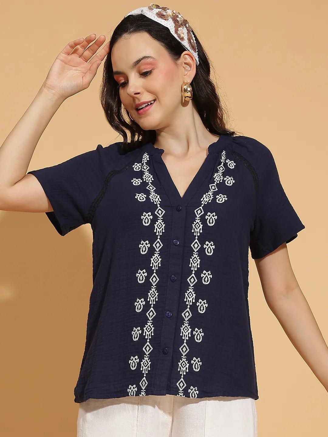 Navy Blue Embroidered Women’s Cotton Top for Comfort