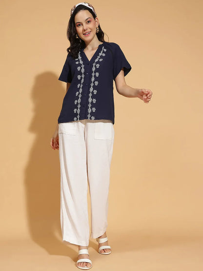 Navy Blue Embroidered Women’s Cotton Top for Comfort