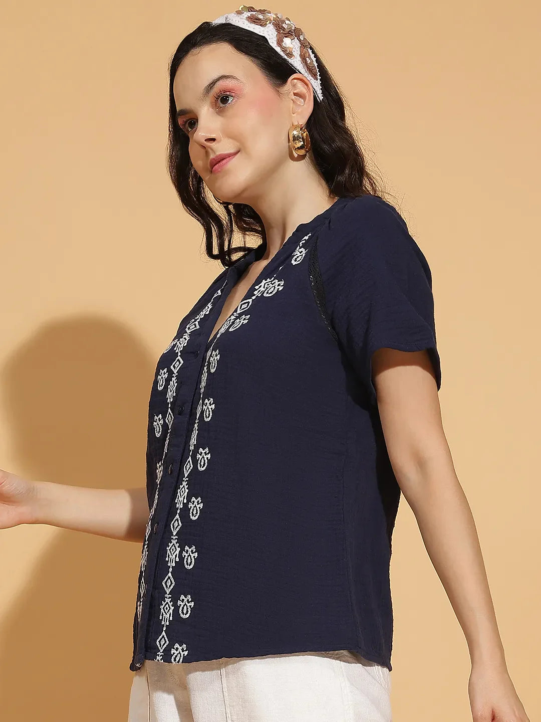 Navy Blue Embroidered Women’s Cotton Top for Comfort