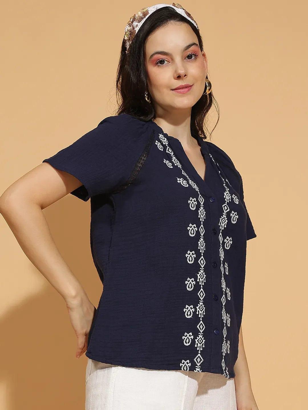 Navy Blue Embroidered Women’s Cotton Top for Comfort