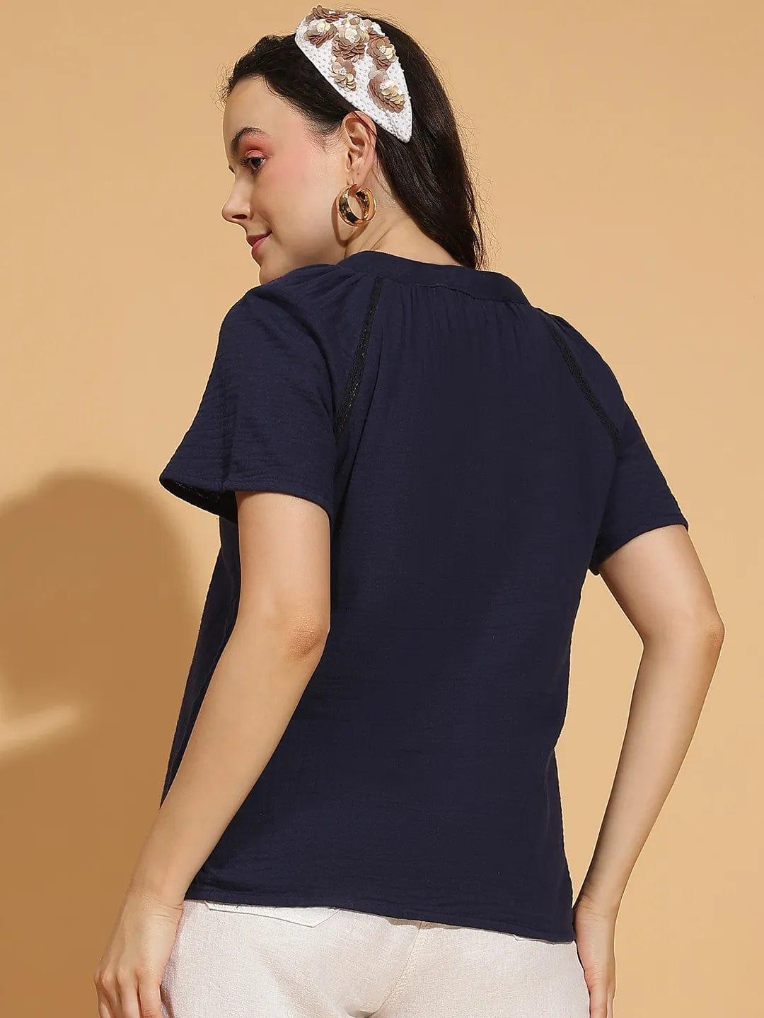 Navy Blue Embroidered Women’s Cotton Top for Comfort