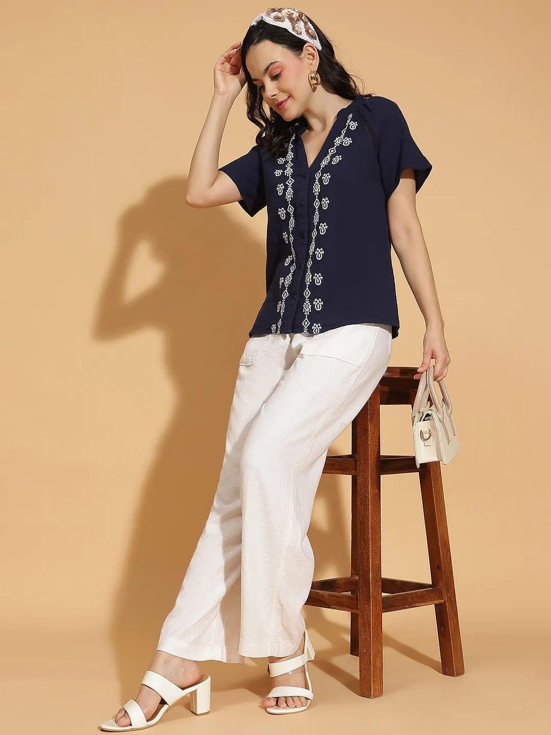 Navy Blue Embroidered Women’s Cotton Top for Comfort