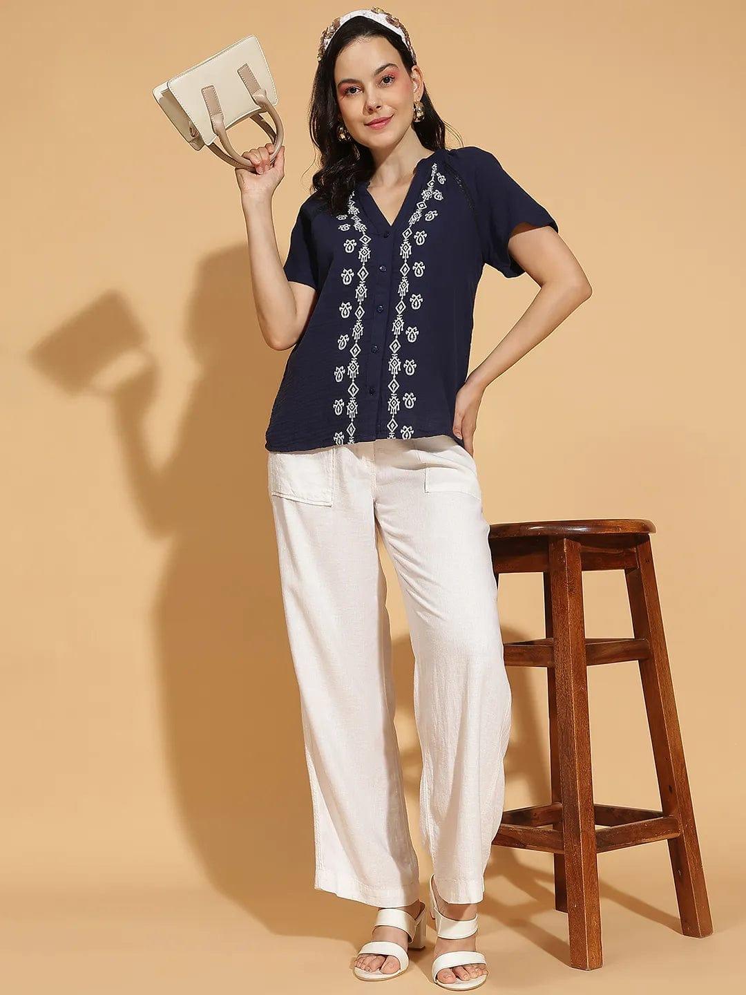 Navy Blue Embroidered Women’s Cotton Top for Comfort