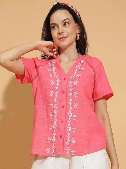 Rosy Pink Embroidered Women’s Cotton Top for Comfort