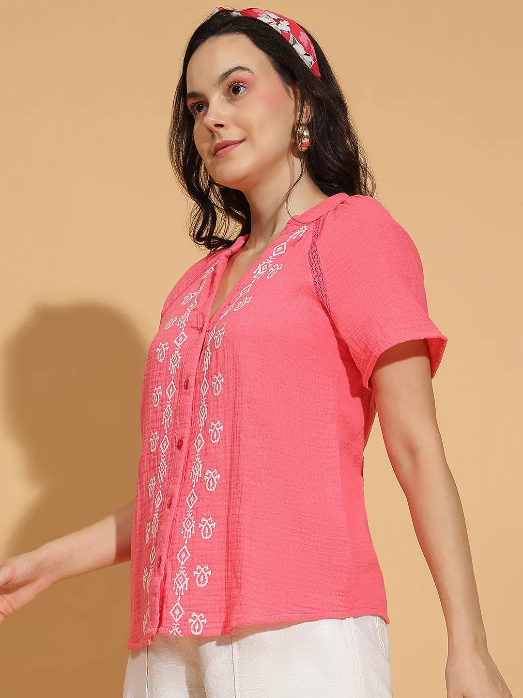 Rosy Pink Embroidered Women’s Cotton Top for Comfort