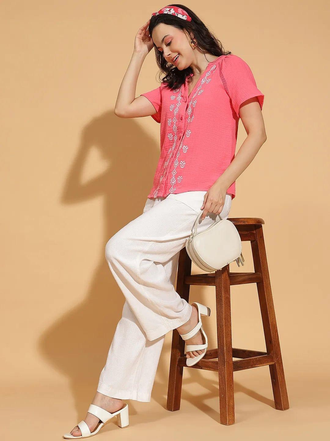 Rosy Pink Embroidered Women’s Cotton Top for Comfort
