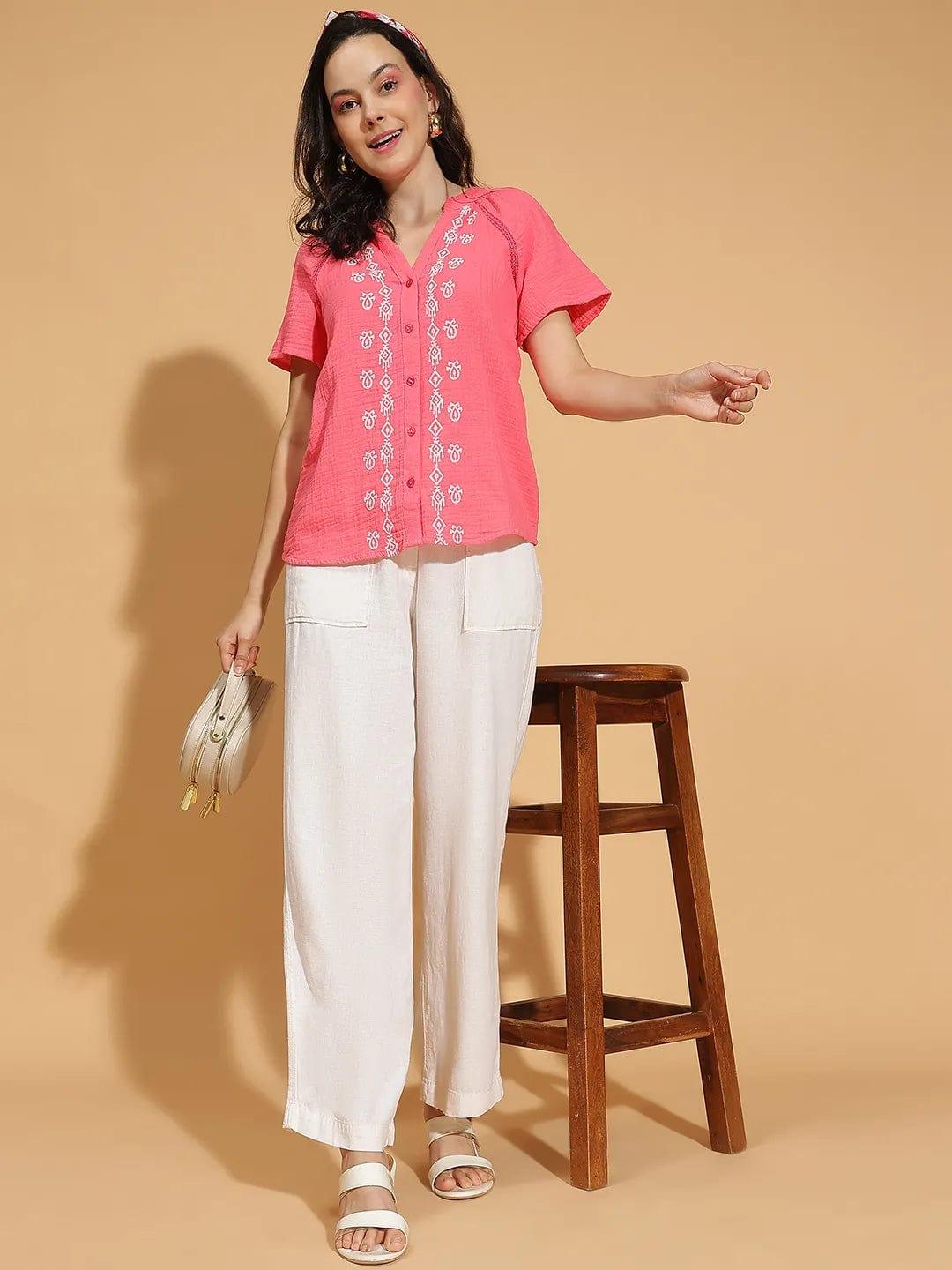 Rosy Pink Embroidered Women’s Cotton Top for Comfort