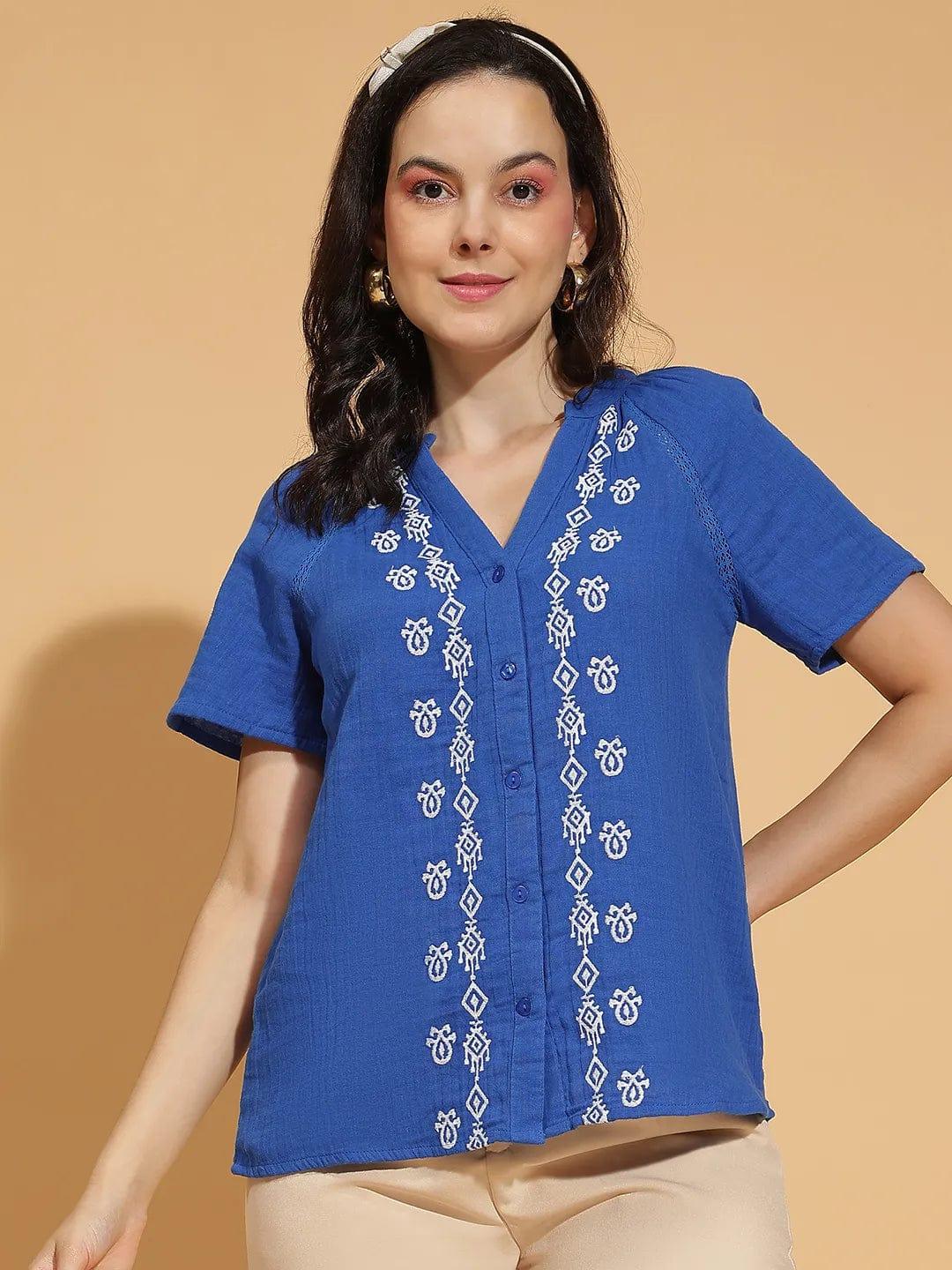 Sky Blue Embroidered Women’s Cotton Top for Comfort