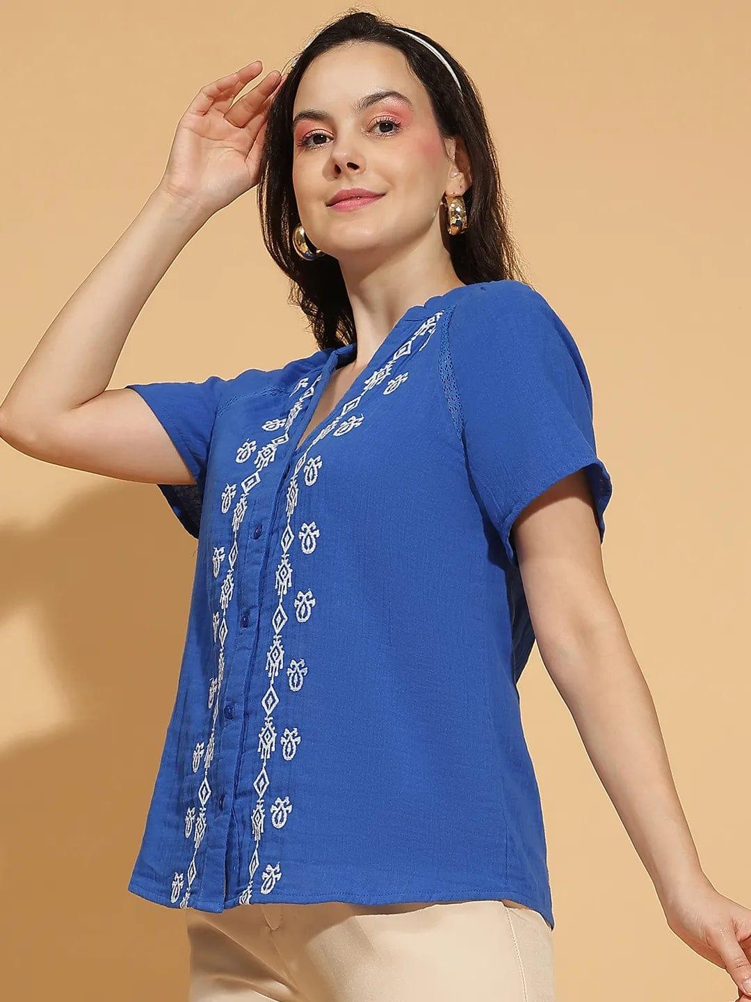 Sky Blue Embroidered Women’s Cotton Top for Comfort