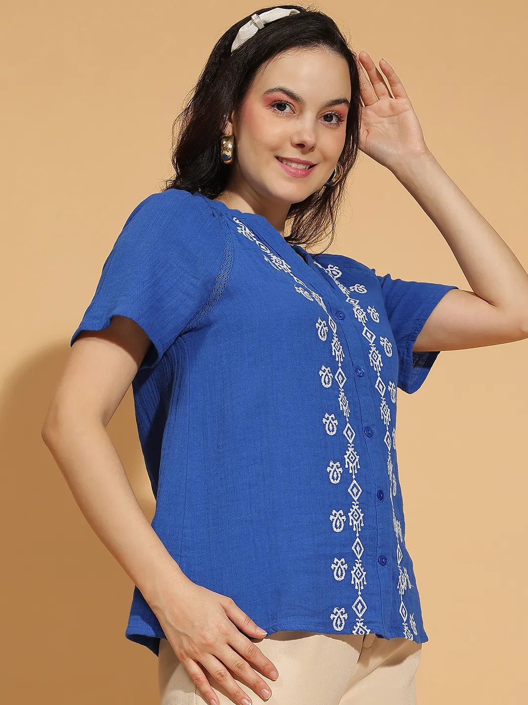 Sky Blue Embroidered Women’s Cotton Top for Comfort