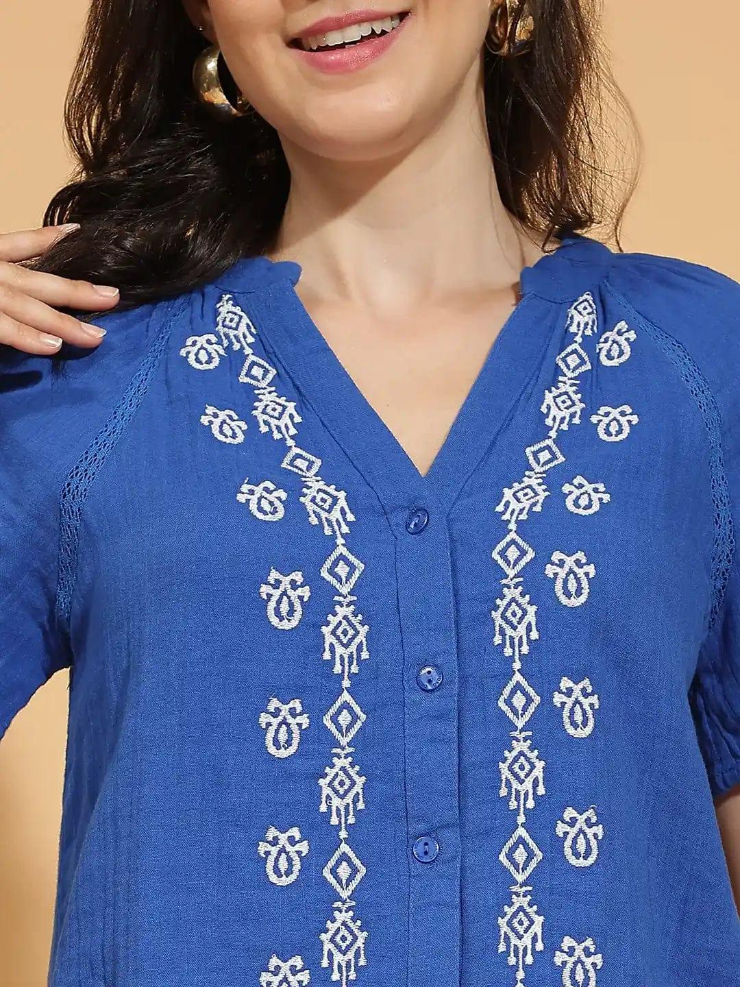 Sky Blue Embroidered Women’s Cotton Top for Comfort