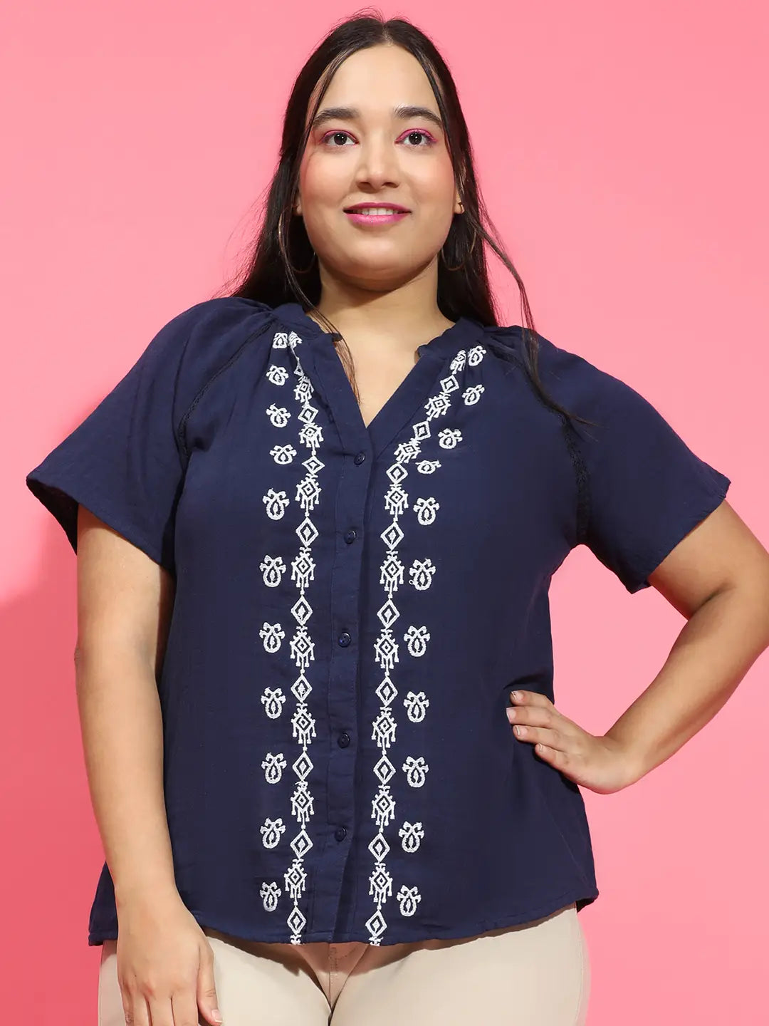 Navy Blue Embroidered Short Sleeve Plus Size Shirt