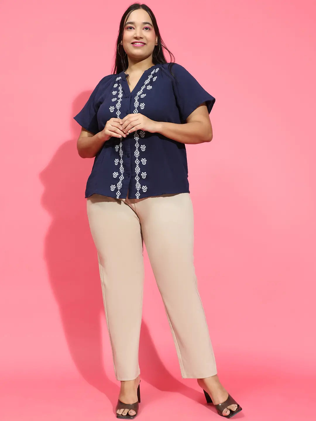 Navy Blue Embroidered Short Sleeve Plus Size Shirt