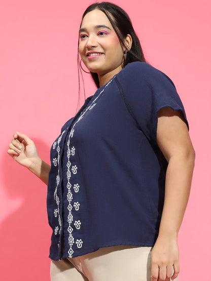 Navy Blue Embroidered Short Sleeve Plus Size Shirt