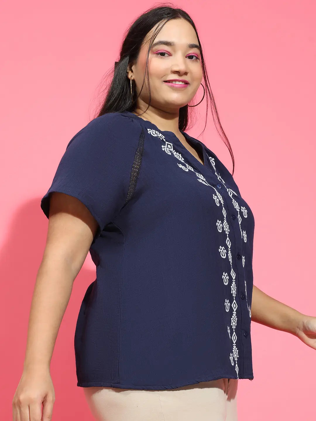 Navy Blue Embroidered Short Sleeve Plus Size Shirt