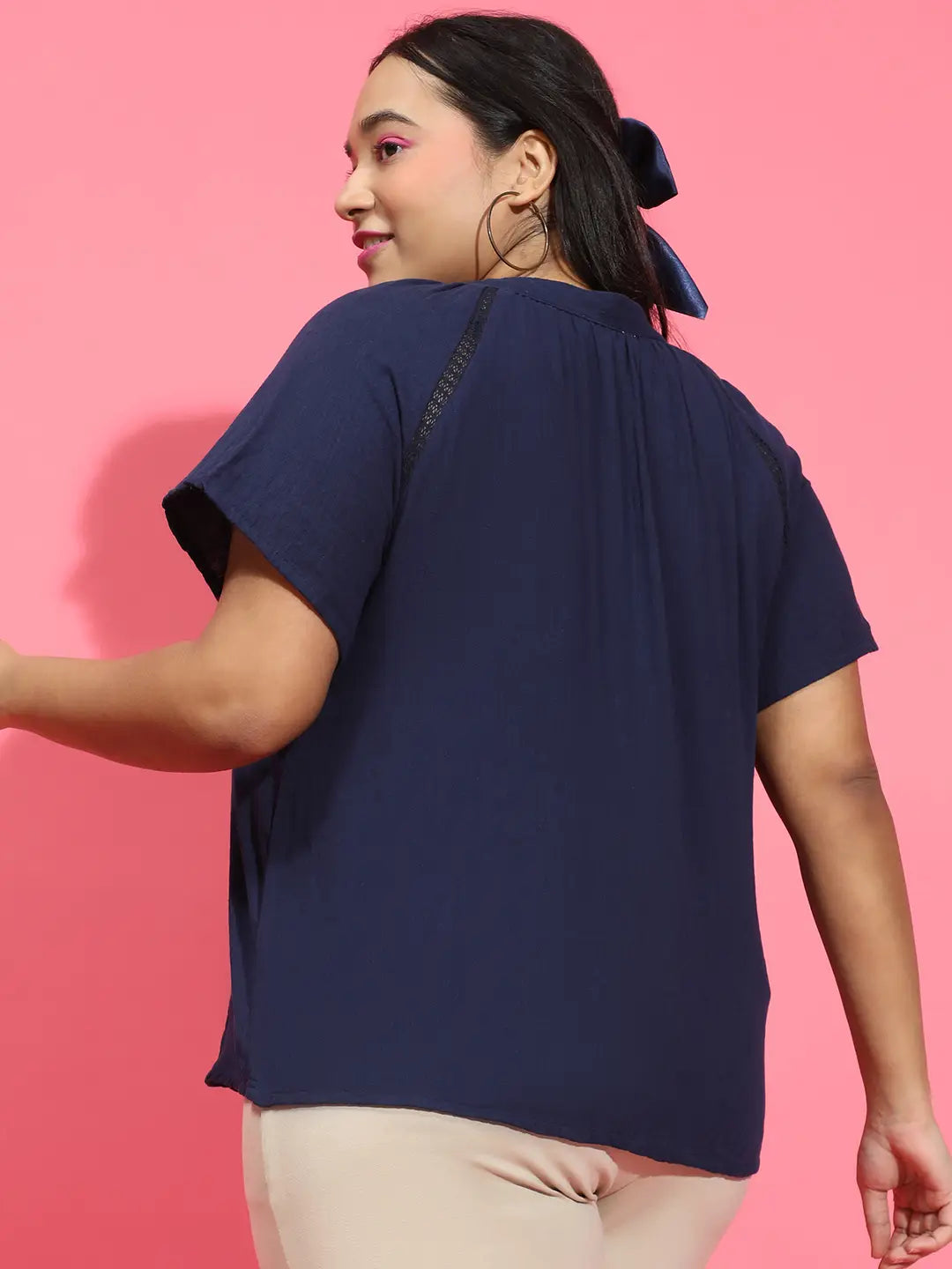 Navy Blue Embroidered Short Sleeve Plus Size Shirt