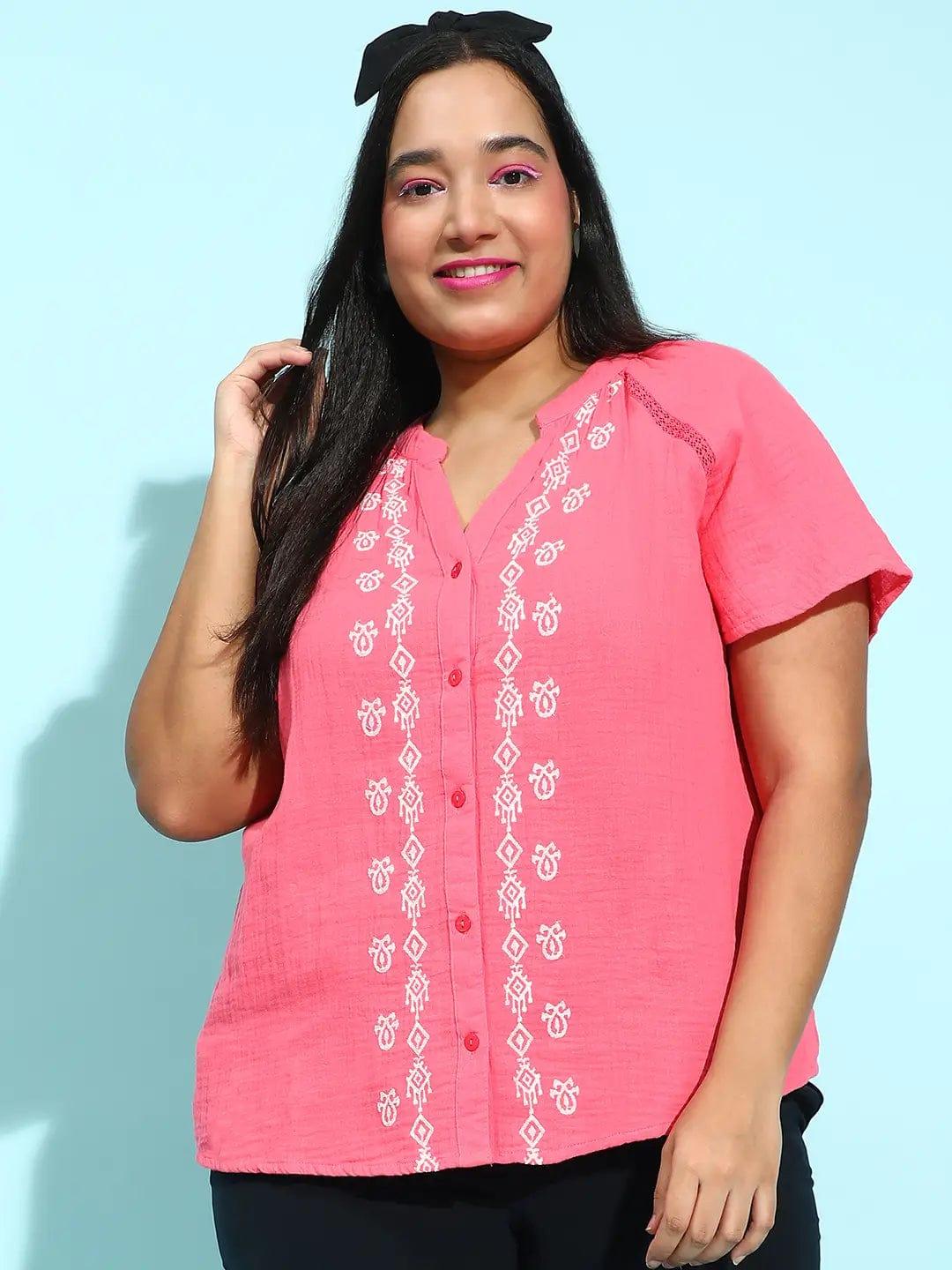 Artistic Pink Embroidered Short Sleeve Plus Size Shirt