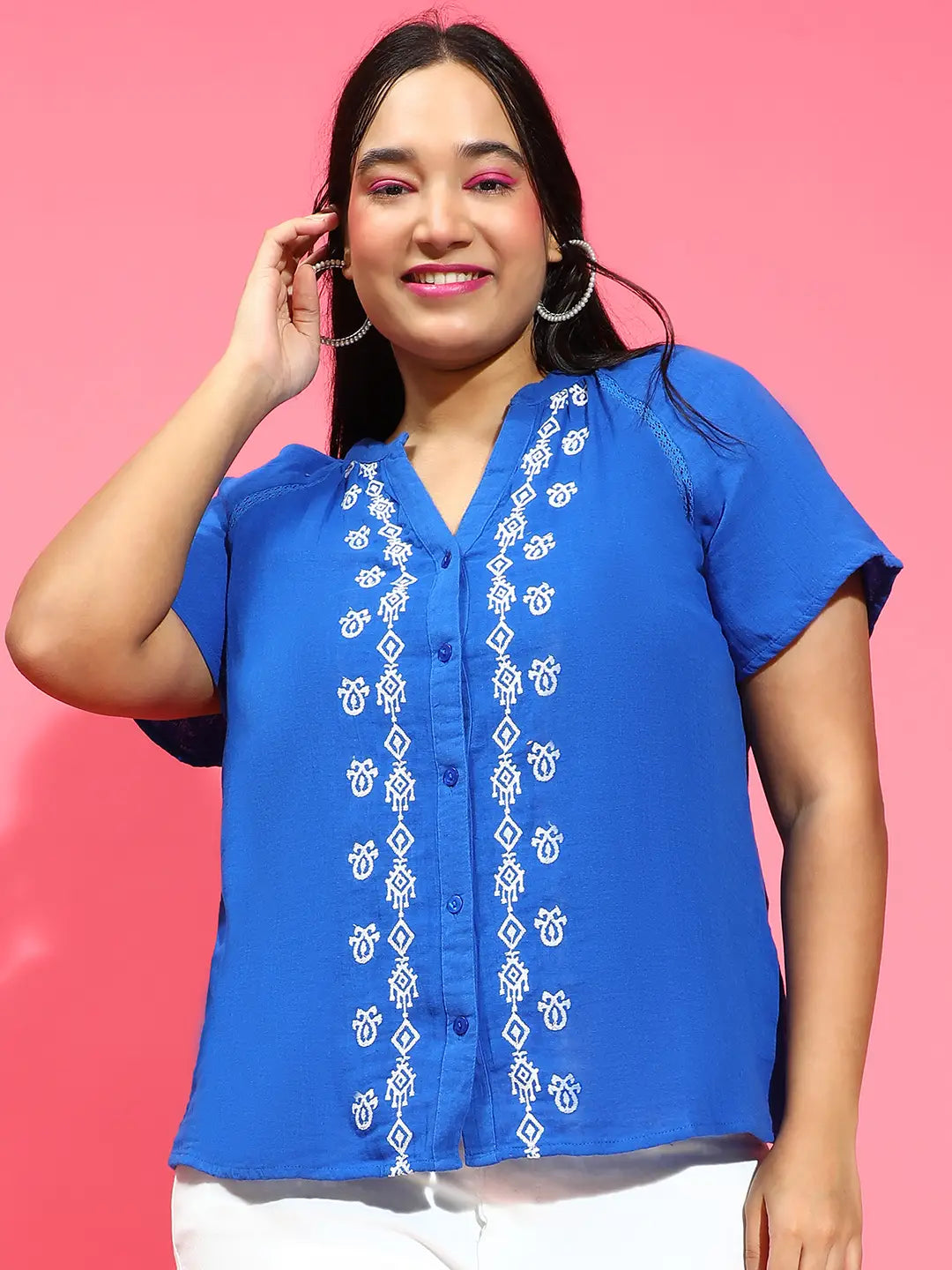 Inventive Blue Embroidered Short Sleeve Plus Size Shirt