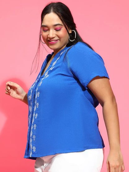 Inventive Blue Embroidered Short Sleeve Plus Size Shirt