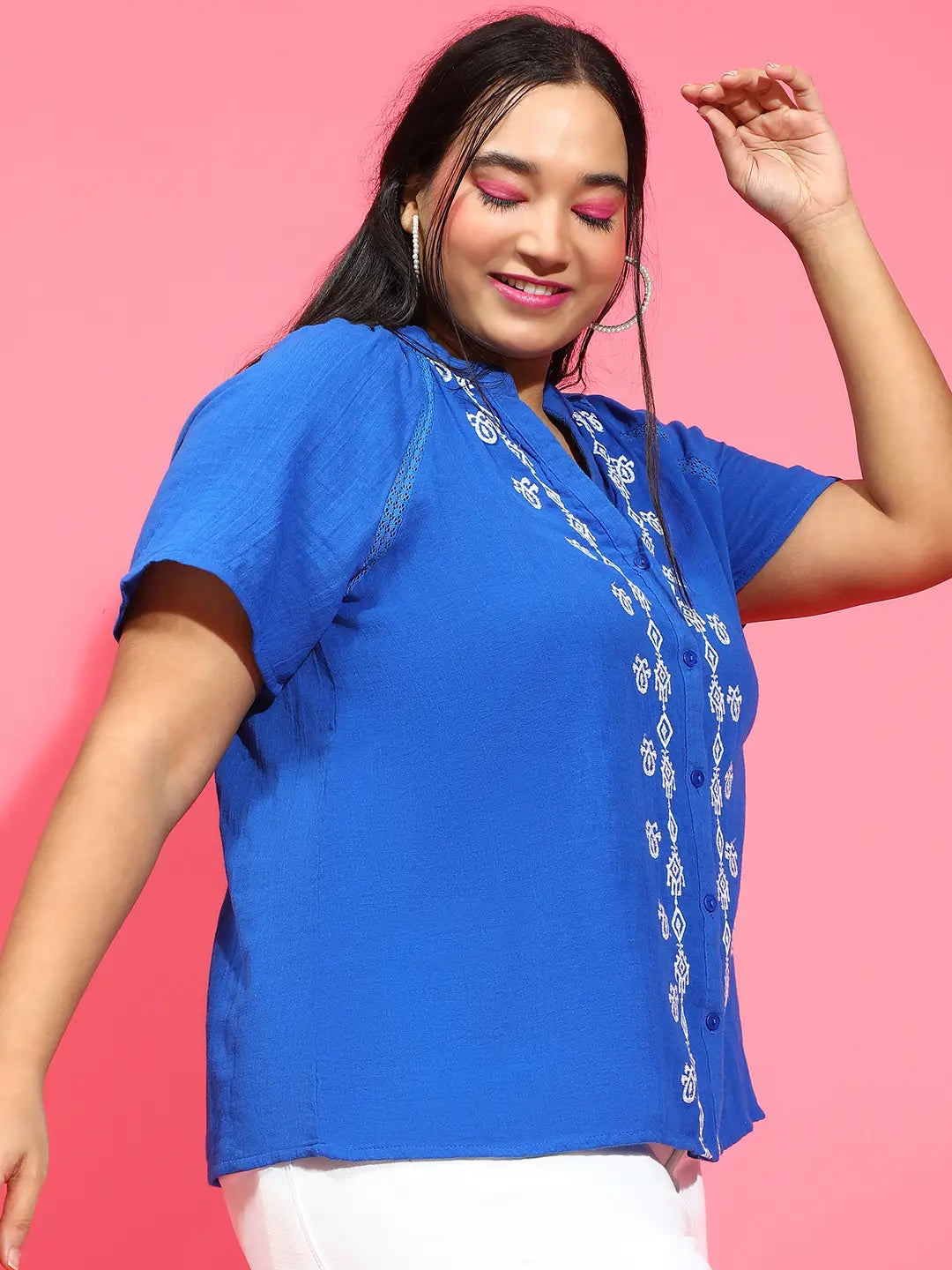 Inventive Blue Embroidered Short Sleeve Plus Size Shirt