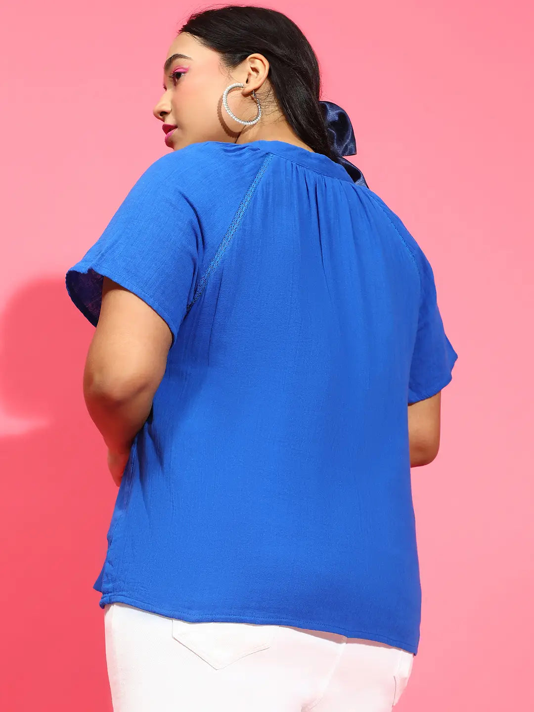 Inventive Blue Embroidered Short Sleeve Plus Size Shirt